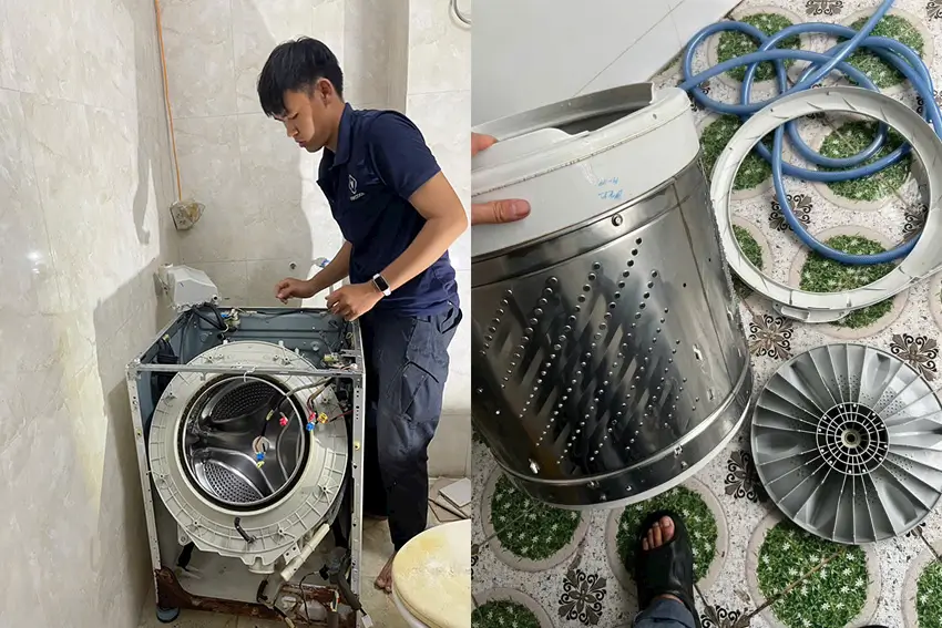 Kỹ thuật viên Vincool tiến hành tháo lồng giặt để vệ sinh