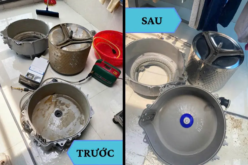 Hình ảnh lồng giặt trước và sau khi vệ sinh kỹ lưỡng tại Vincool