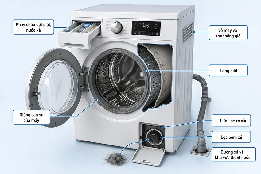 Vệ sinh máy giặt Hóc Môn tại nhà có mặt nhanh trong 30 phút Những vị trí dễ bám cặn trong máy giặt cần được vệ sinh định kỳ