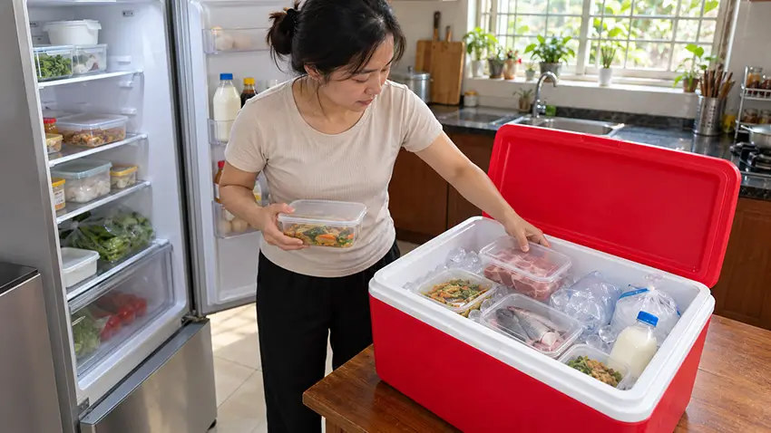 Chuyển thực phẩm sang thùng đá để giữ lạnh trong lúc chờ thợ sửa tủ lạnh