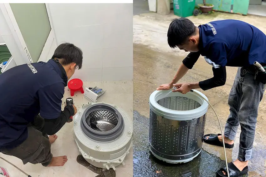 Kỹ thuật viên Vincool tháo lồng giặt và thực hiện vệ sinh