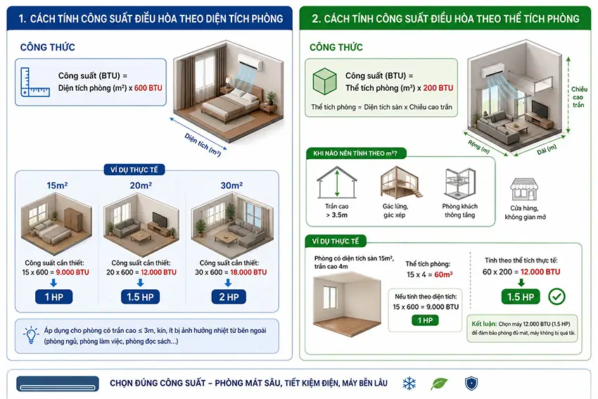 Cách tính công suất điều hòa theo diện tích và thể tích
