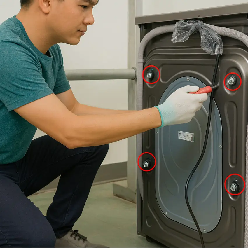 Hãy kiểm tra mặt sau máy và tháo ốc cố định