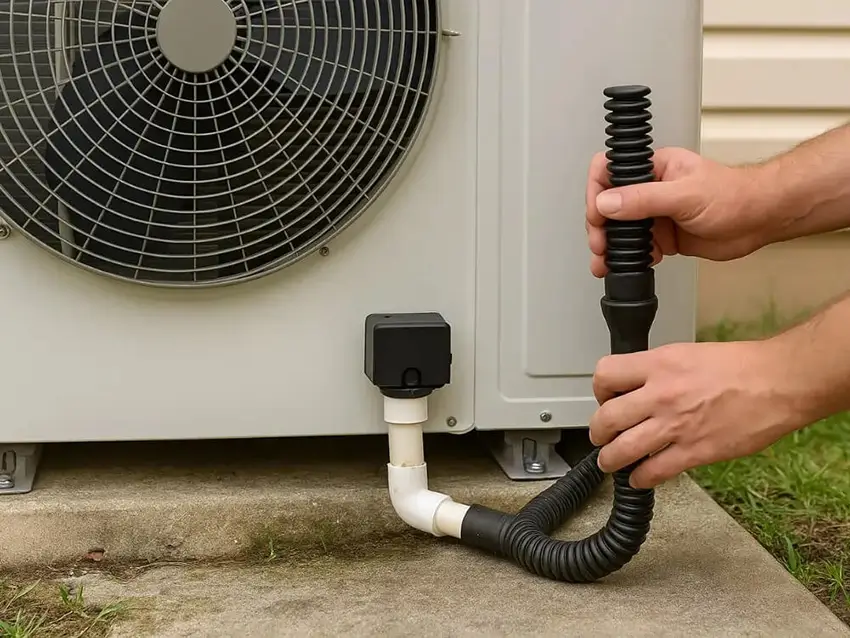 Kỹ thuật viên đang kiểm tra và làm sạch ống thoát nước máy lạnh bị nghẹt để khắc phục tình trạng chảy nước ở dàn lạnh