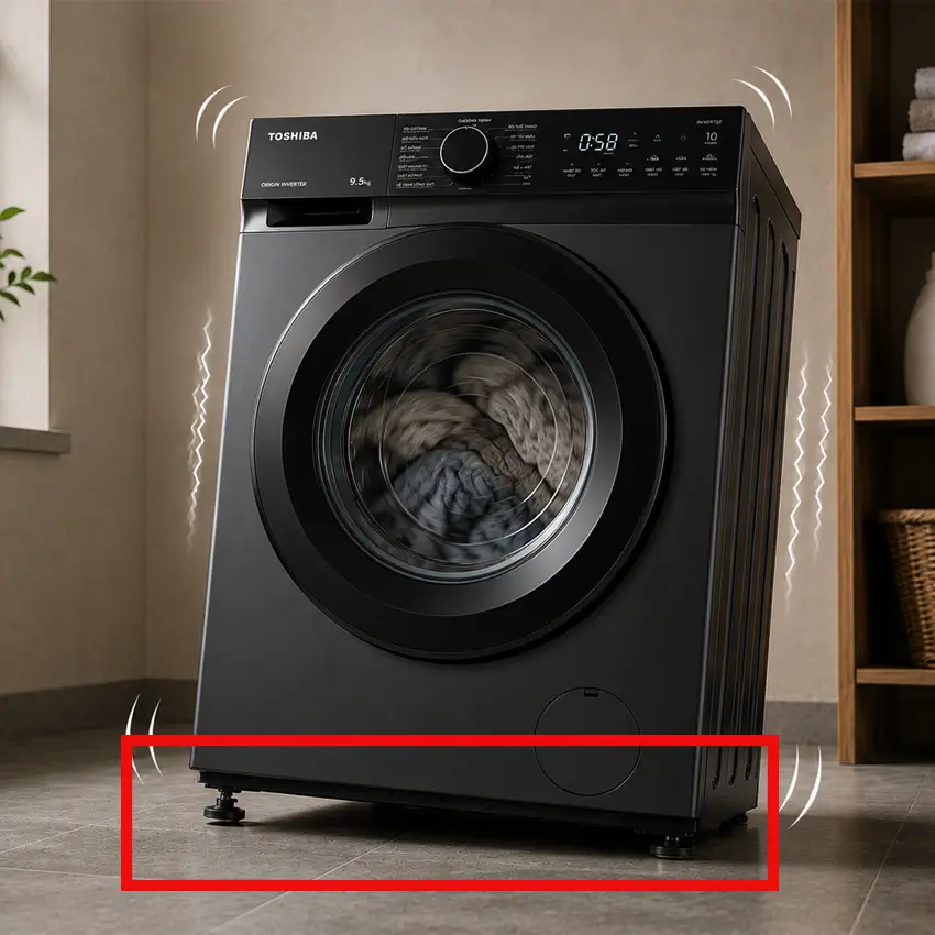Máy giặt Toshiba bị rung lắc mạnh khi vắt do chân máy không đều khi quay ở tốc độ cao
