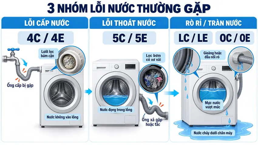 Bảng mã lỗi máy giặt Samsung và cách xử lý an toàn Nhóm mã lỗi cấp nước thoát nước và rò rỉ máy giặt Samsung