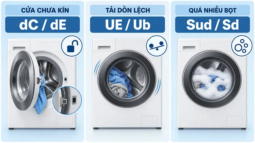 Bảng mã lỗi máy giặt Samsung và cách xử lý an toàn Mã lỗi cửa tải lệch và quá nhiều bọt trên máy giặt Samsung