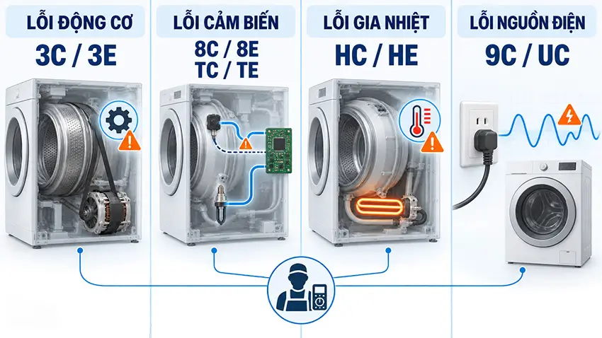 Bảng mã lỗi máy giặt Samsung và cách xử lý an toàn Nhóm lỗi động cơ cảm biến gia nhiệt và nguồn điện máy giặt Samsung