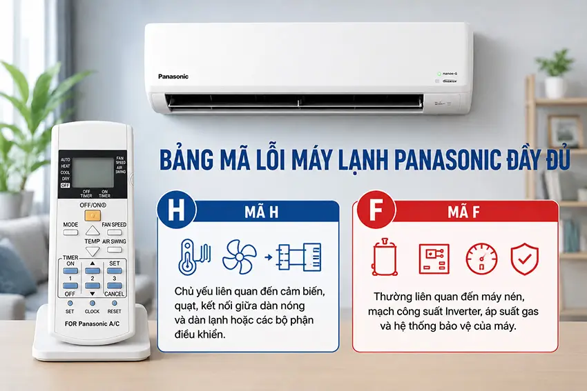 Mã lỗi máy lạnh Panasonic đầy đủ và cách xử lý Máy lạnh Panasonic sử dụng hai nhóm mã lỗi chính là H và F.
