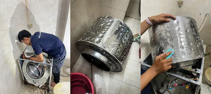 Vệ sinh máy giặt Quận 6 tại nhà có mặt nhanh trong 30 phút Kỹ thuật viên Vincool tháo lồng và tiến hành vệ sinh