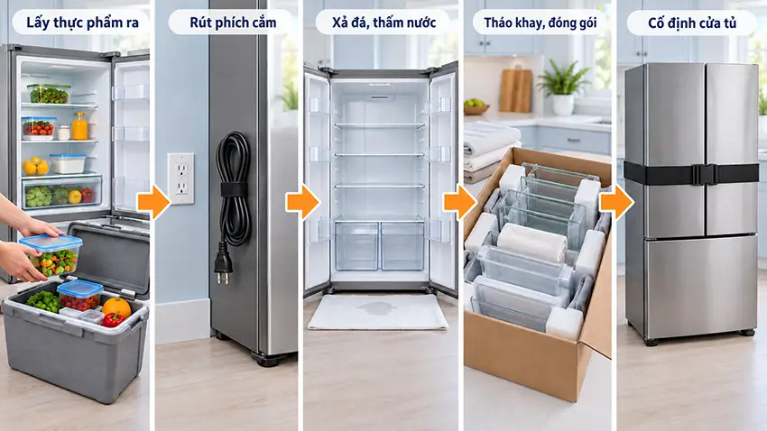 Cách di chuyển tủ lạnh an toàn và đúng kỹ thuật 5 bước chuẩn bị tủ lạnh trước khi di chuyển an toàn.