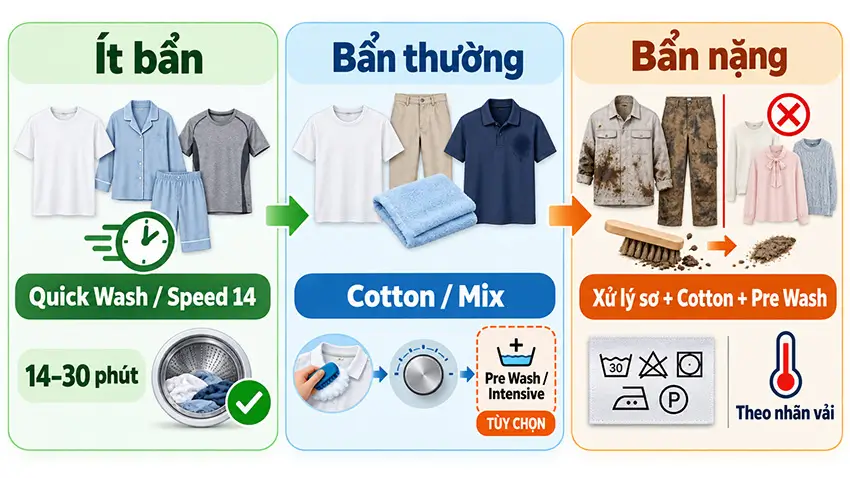 Chọn chế độ giặt máy giặt LG cửa trước theo mức độ bẩn của quần áo