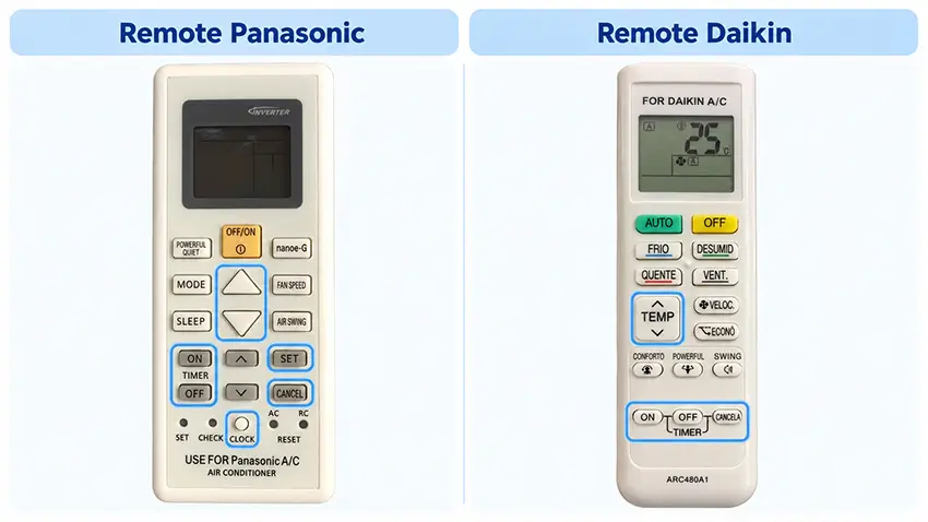 Các nút hẹn giờ trên remote Panasonic và Daikin