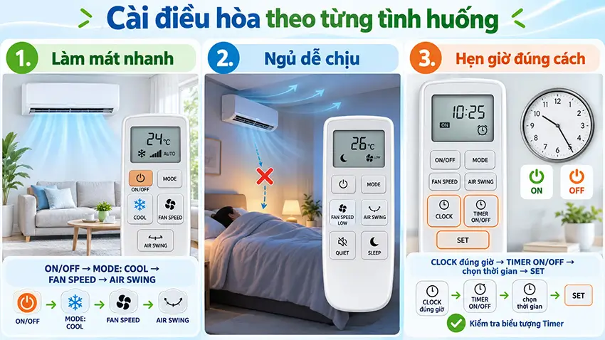Các chức năng trên điều khiển điều hòa Panasonic chi tiết Cách cài các chức năng trên điều khiển điều hòa Panasonic theo từng tình huống: làm mát, ngủ và hẹn giờ.