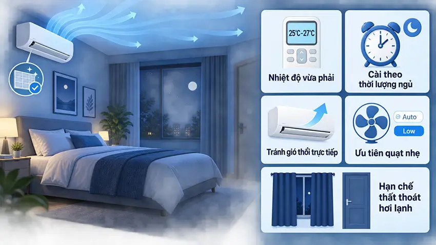 Cài chế độ Sleep với nhiệt độ, thời gian và hướng gió phù hợp