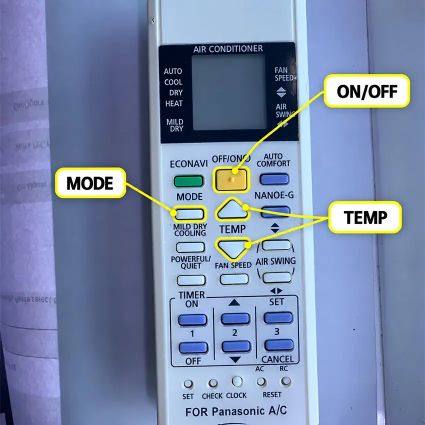 Các chức năng trên điều khiển điều hòa Panasonic chi tiết Nút ON/OFF, TEMP và MODE trên remote điều hòa Panasonic