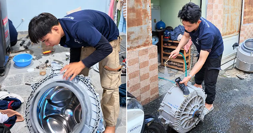 Kỹ thuật viên Vincool tháo lồng giặt và vệ sinh